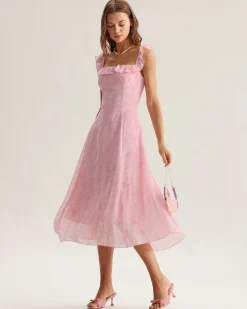 Pink Square Neck Ruffle Midi Dress