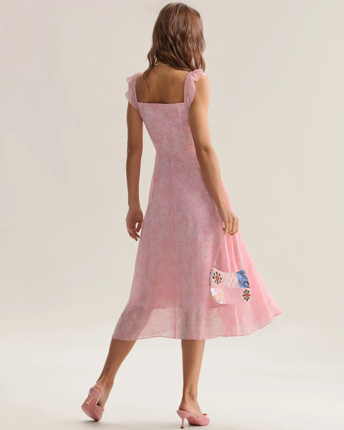 Pink Square Neck Ruffle Midi Dress