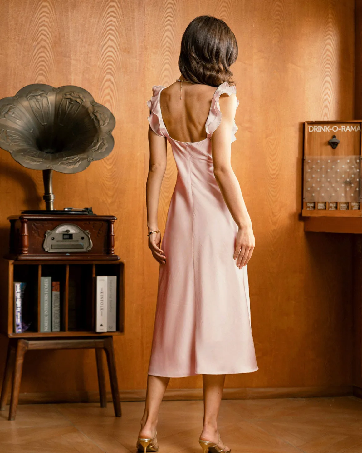 Pink Square Neck Ruffle Satin Midi Dress