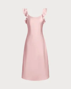 Pink Square Neck Ruffle Satin Midi Dress
