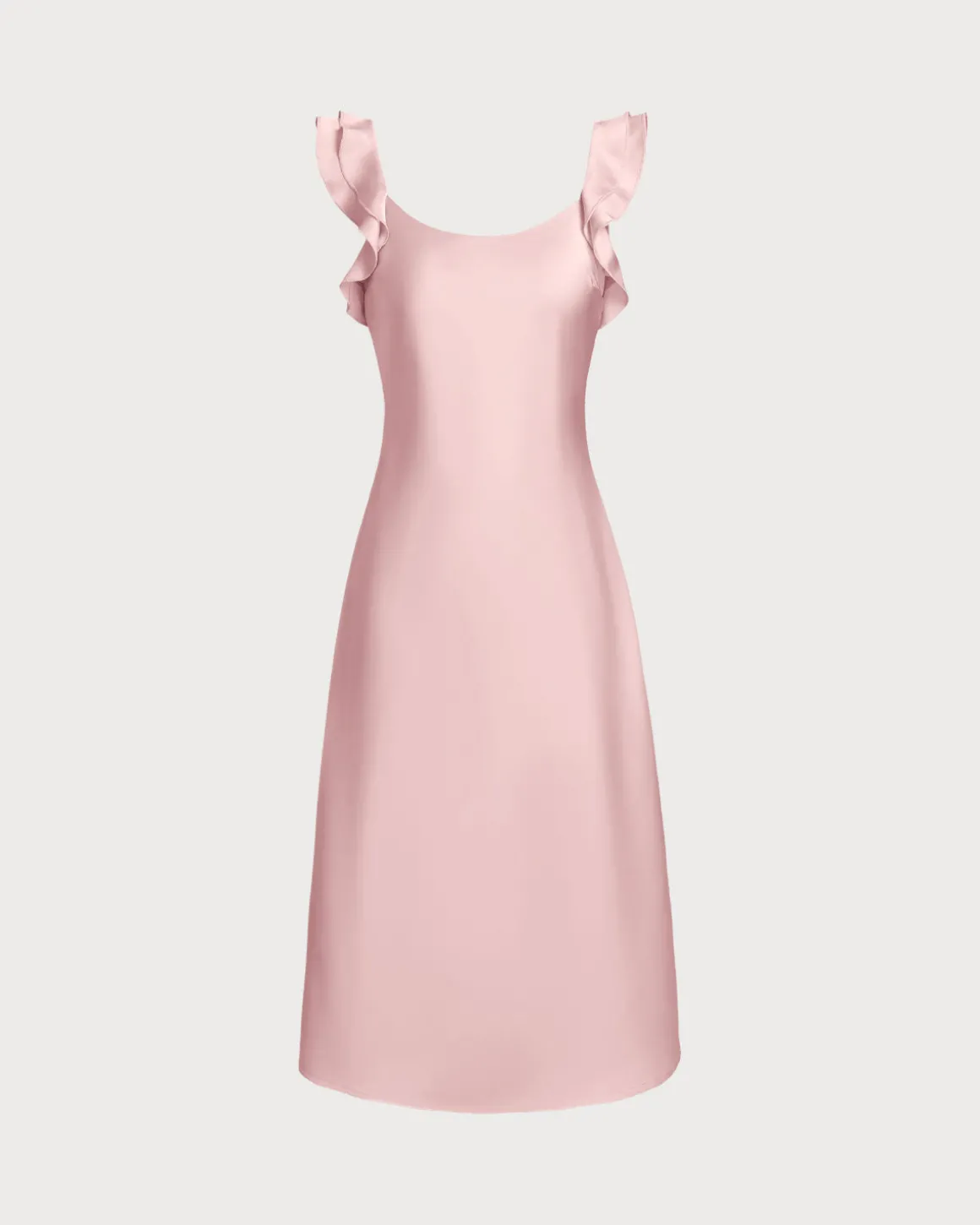 Pink Square Neck Ruffle Satin Midi Dress