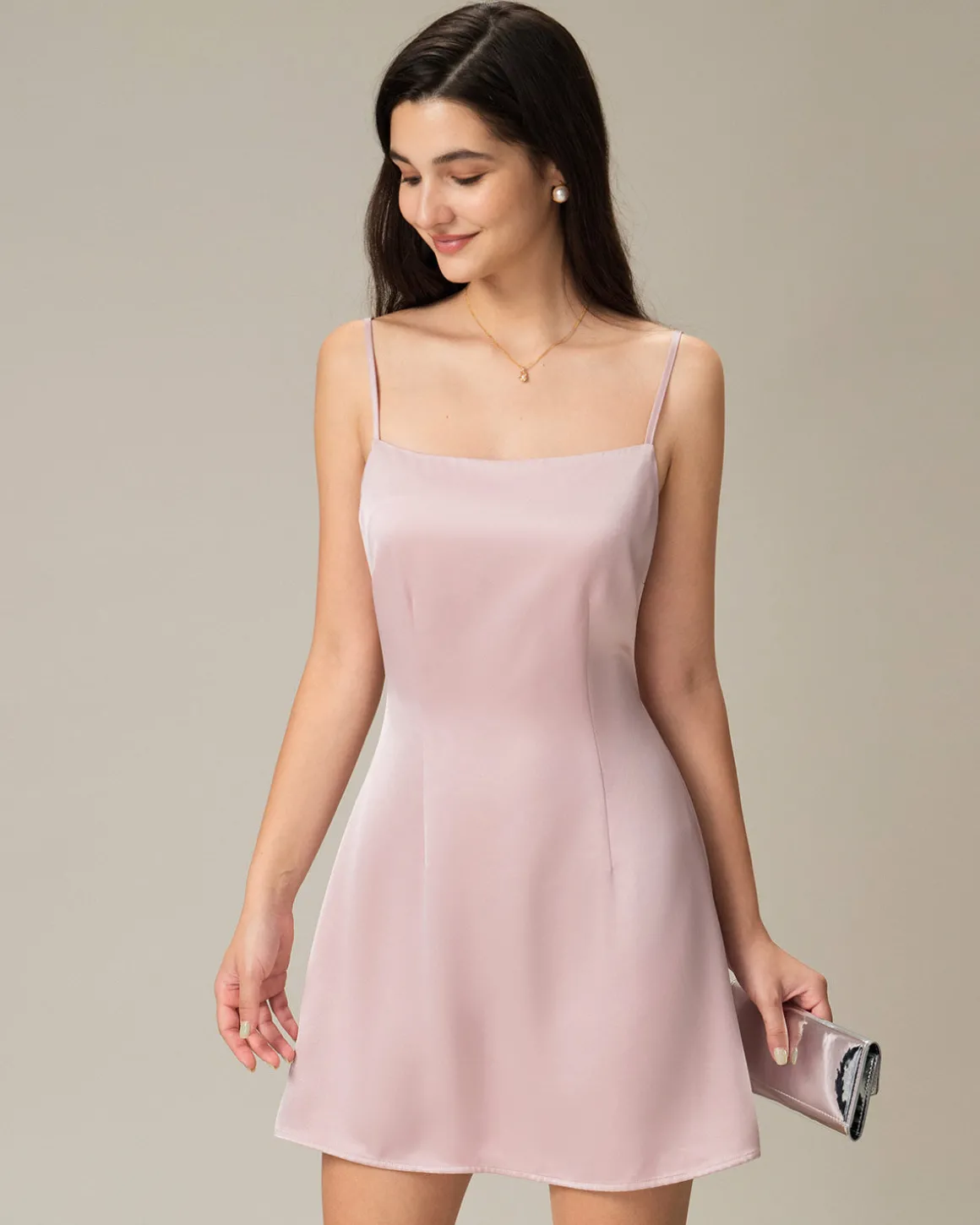 Pink Square Neck Satin Mini Dress