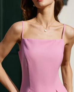 Pink Square Neck Slip Pleated Mini Dress
