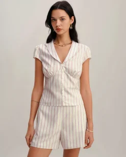 Pink Striped Cap Sleeve Button Blouse