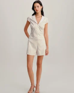Pink Striped Cap Sleeve Button Blouse