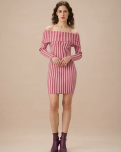 Pink Striped Off The Shoulder Bodycon Sweater Dress