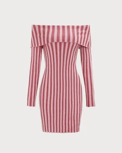 Pink Striped Off The Shoulder Bodycon Sweater Dress