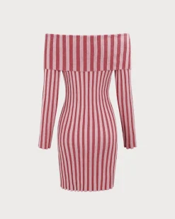 Pink Striped Off The Shoulder Bodycon Sweater Dress