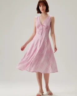 Pink Striped Sleeveless Midi Dress