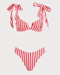 Pink Striped Tie Strap Bikini Set