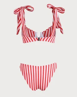 Pink Striped Tie Strap Bikini Set