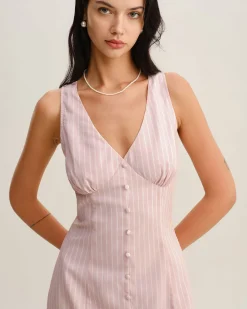 Pink Striped V Neck Sleeveless Midi Dress