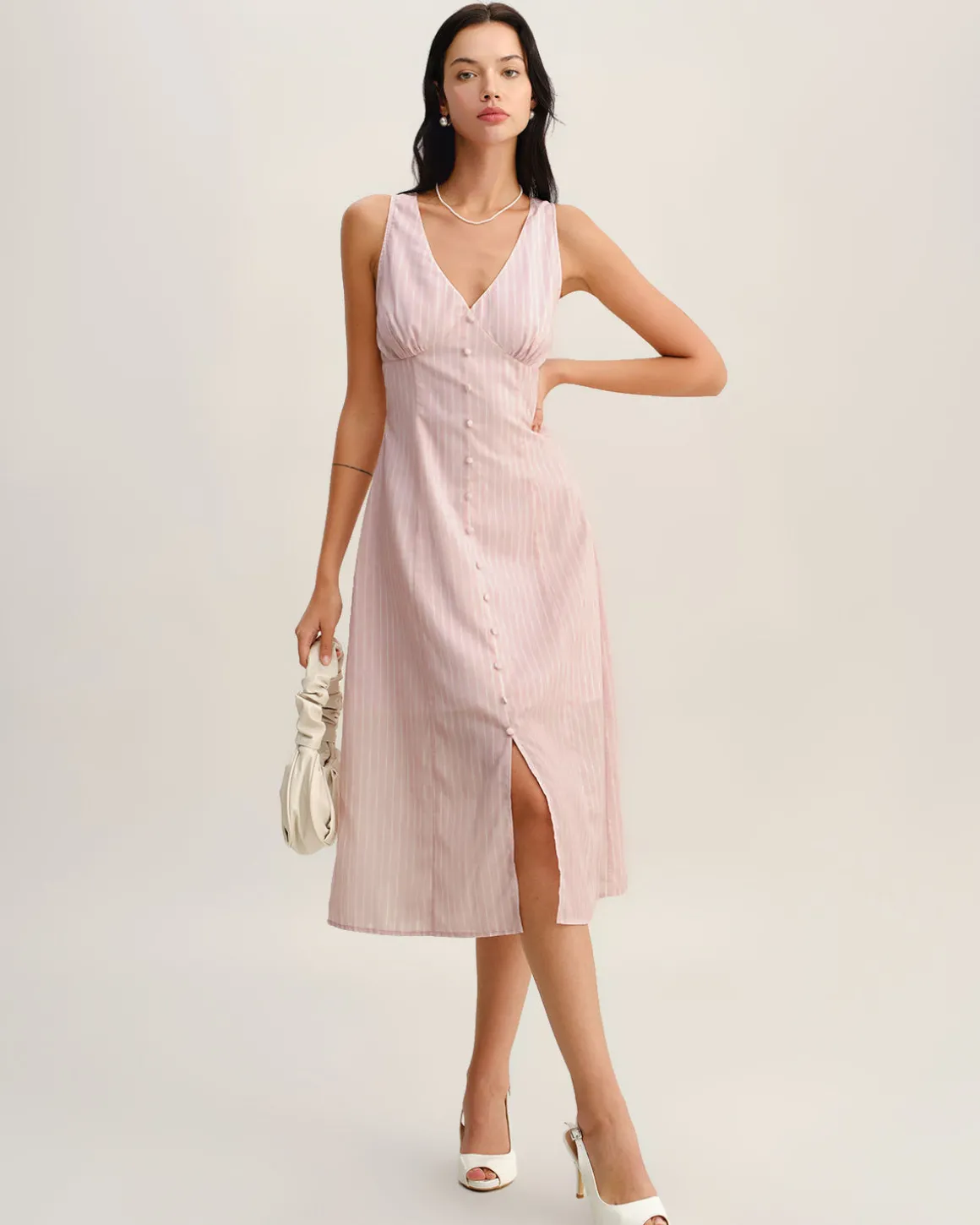 Pink Striped V Neck Sleeveless Midi Dress
