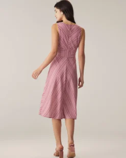 Pink Striped V Neck Sleeveless Midi Dresses