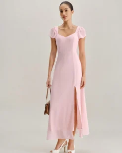 Pink Sweetheart Neck Chiffon Maxi Dress
