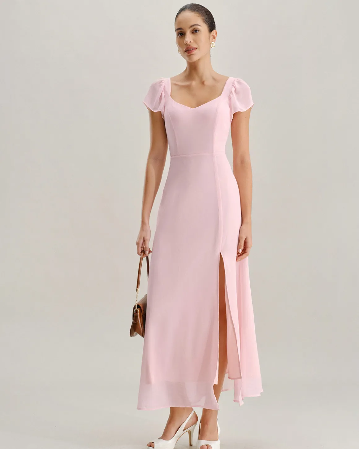 Pink Sweetheart Neck Chiffon Maxi Dress