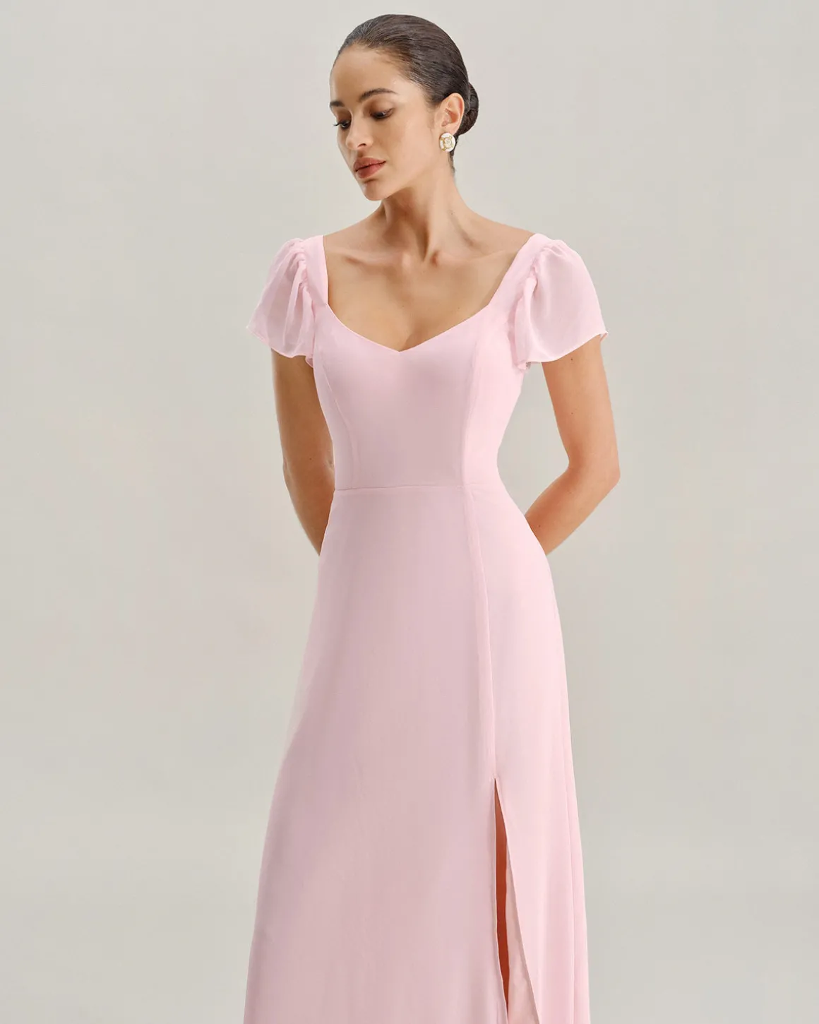Pink Sweetheart Neck Chiffon Maxi Dress