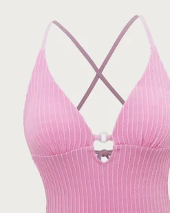 Pink Textured Cutout One-Piece Swimsuit