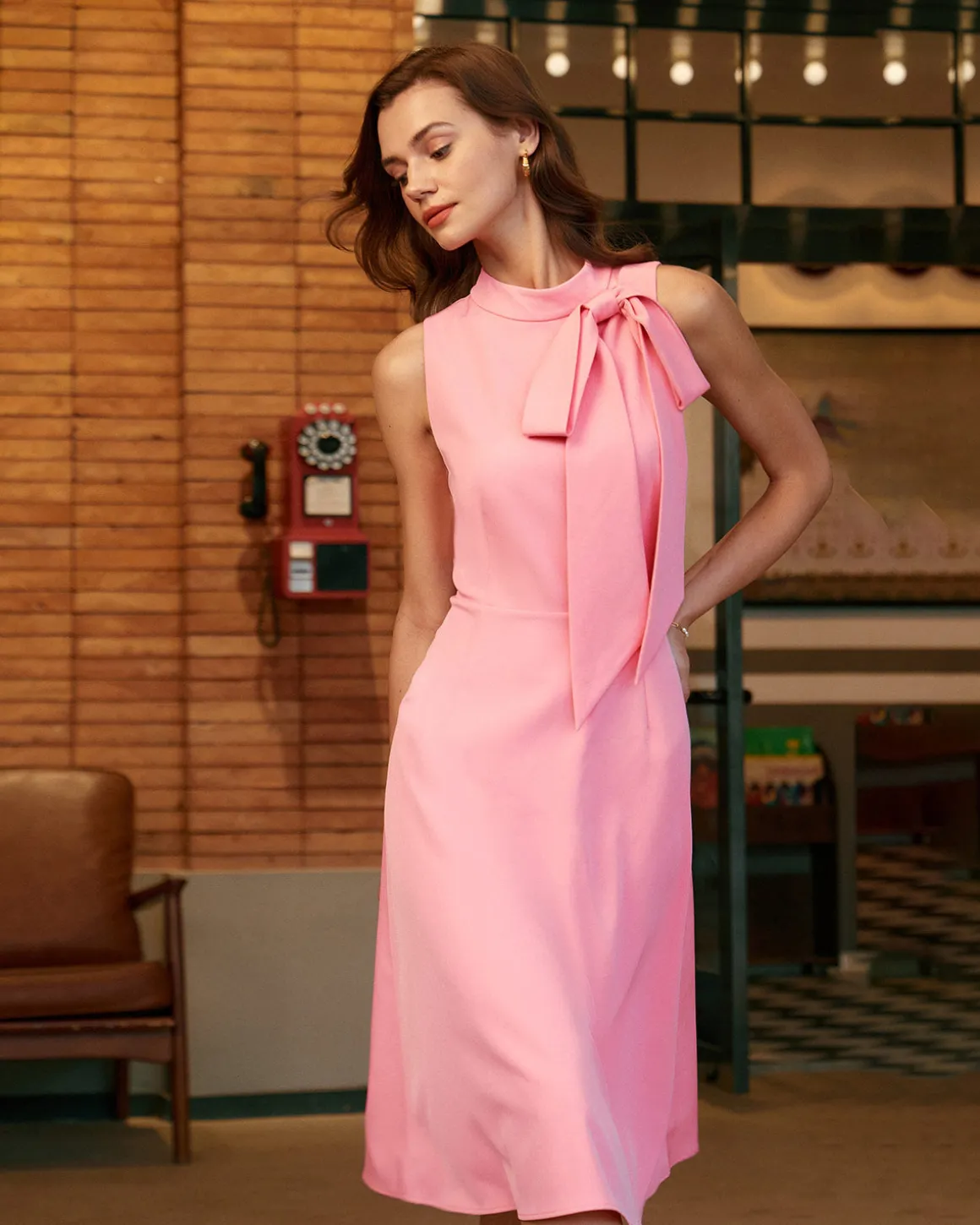 Pink Turtleneck Bowknot Satin Midi Dress