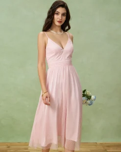 Pink V Neck Backless Slip Midi Dress