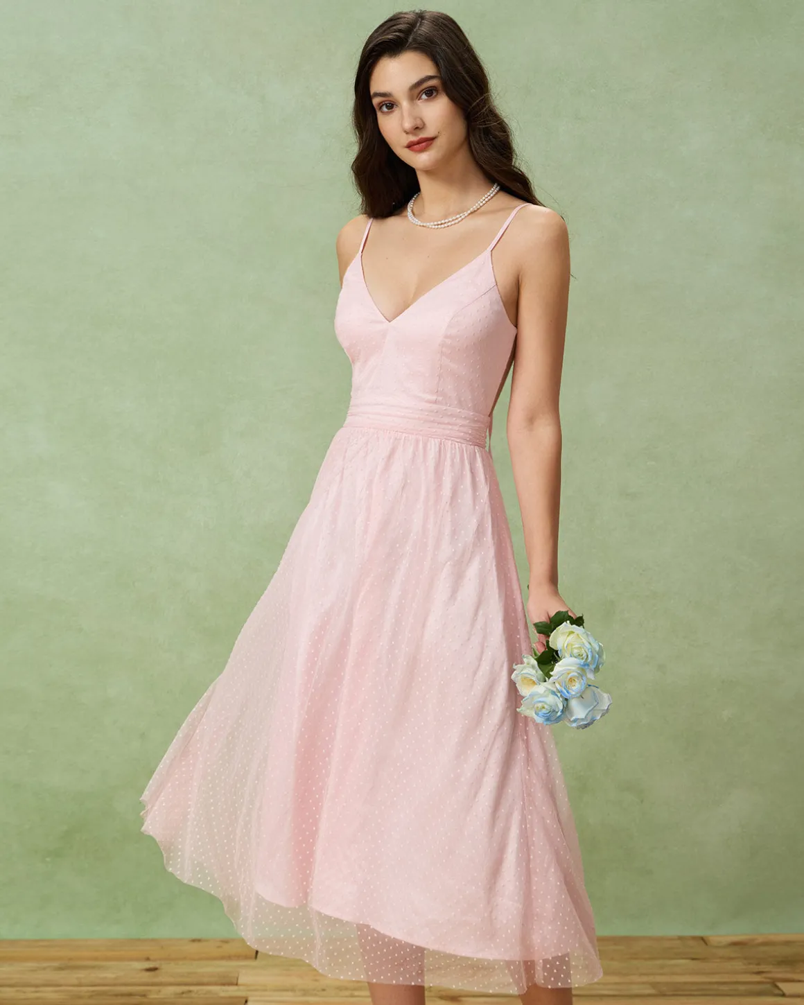 Pink V Neck Backless Slip Midi Dress