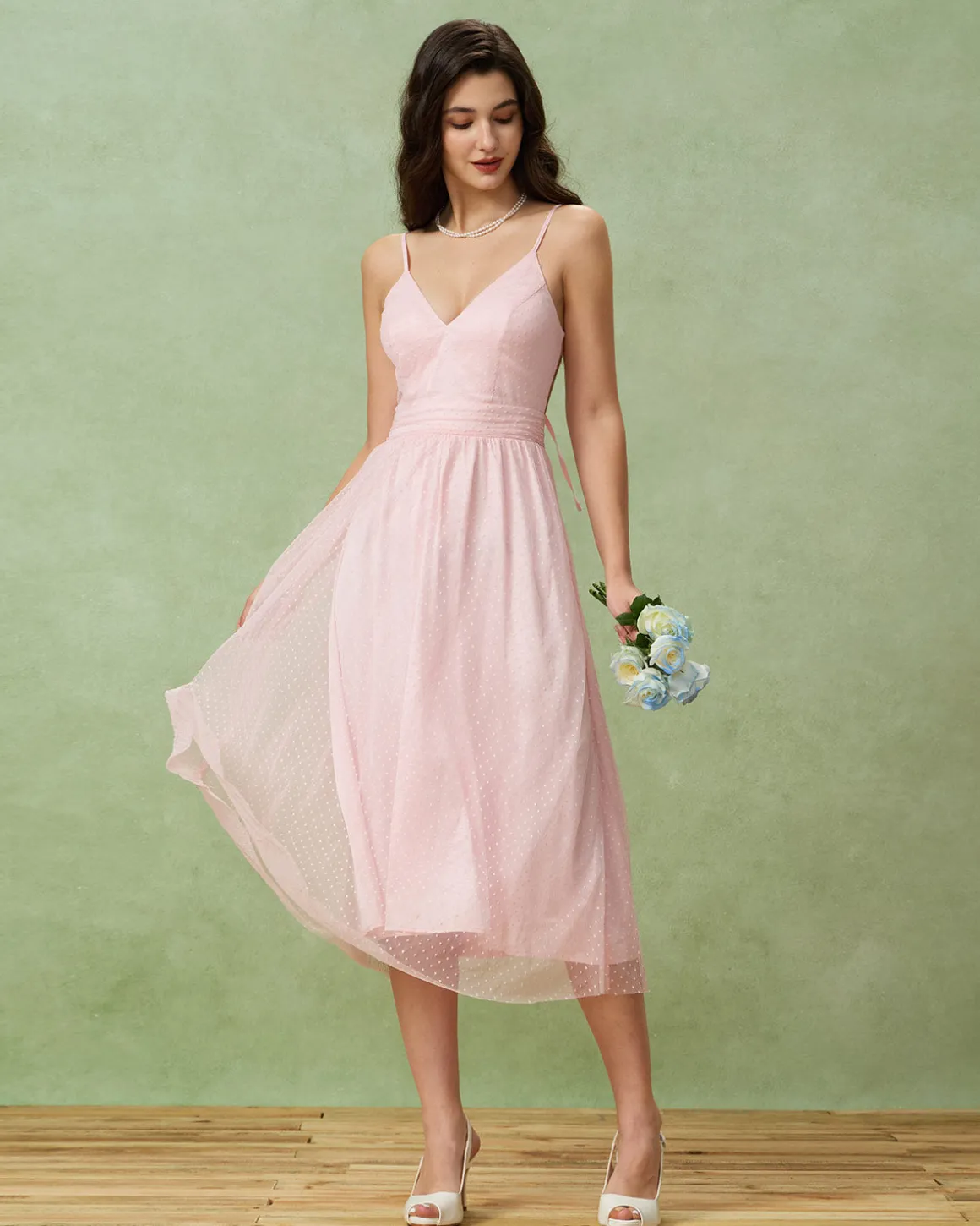 Pink V Neck Backless Slip Midi Dress