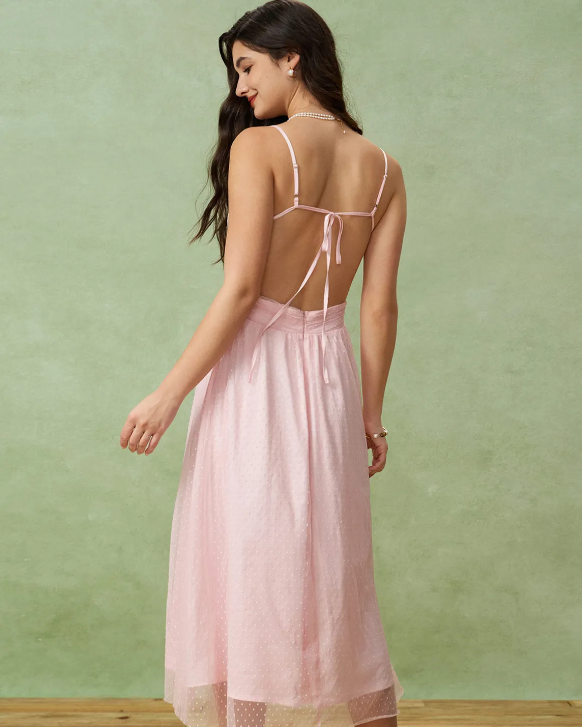 Pink V Neck Backless Slip Midi Dress