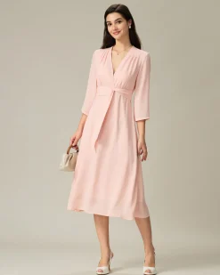 Pink V-Neck Pleated Midi Dress