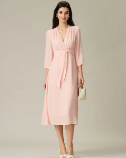 Pink V-Neck Pleated Midi Dress