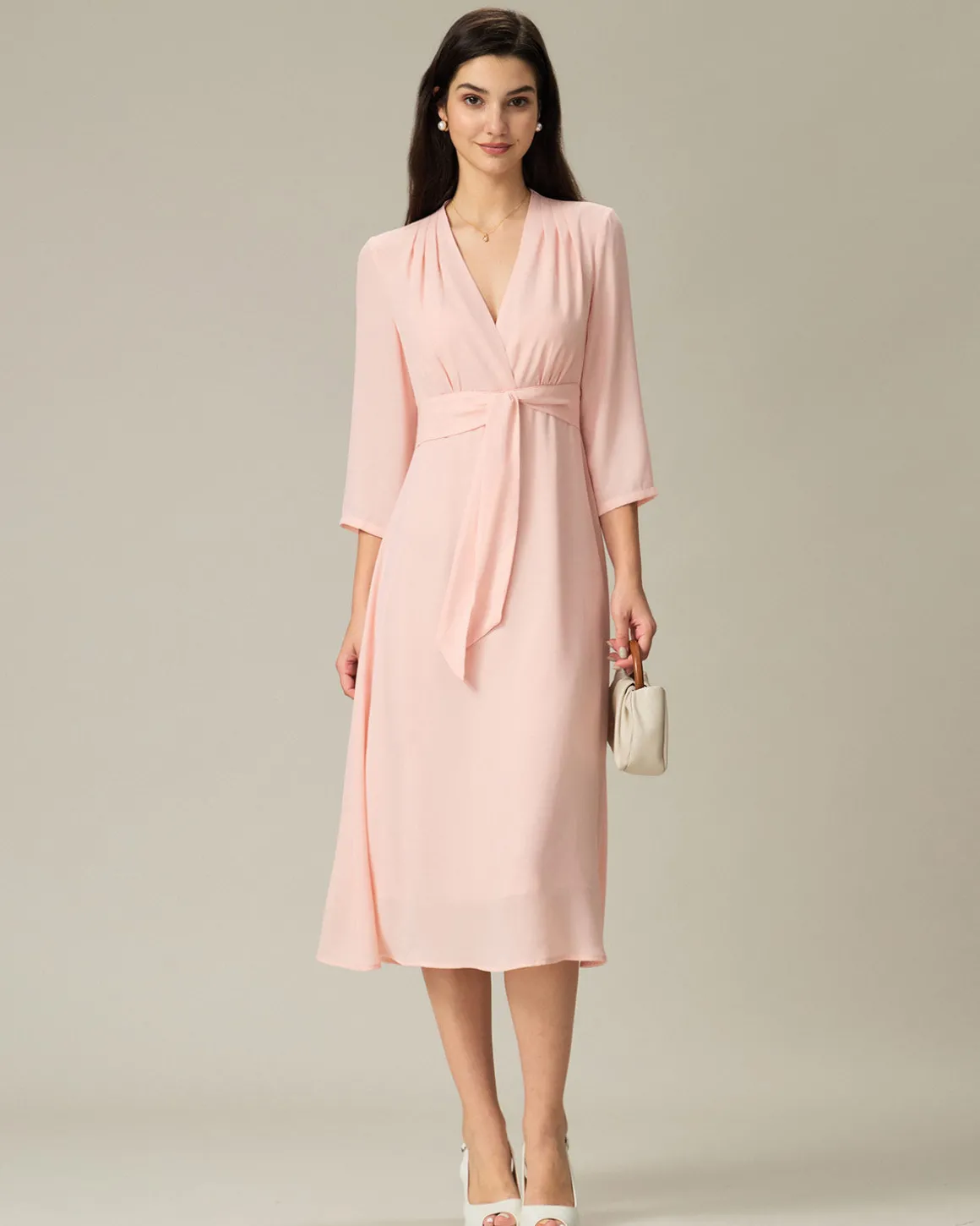 Pink V-Neck Pleated Midi Dress