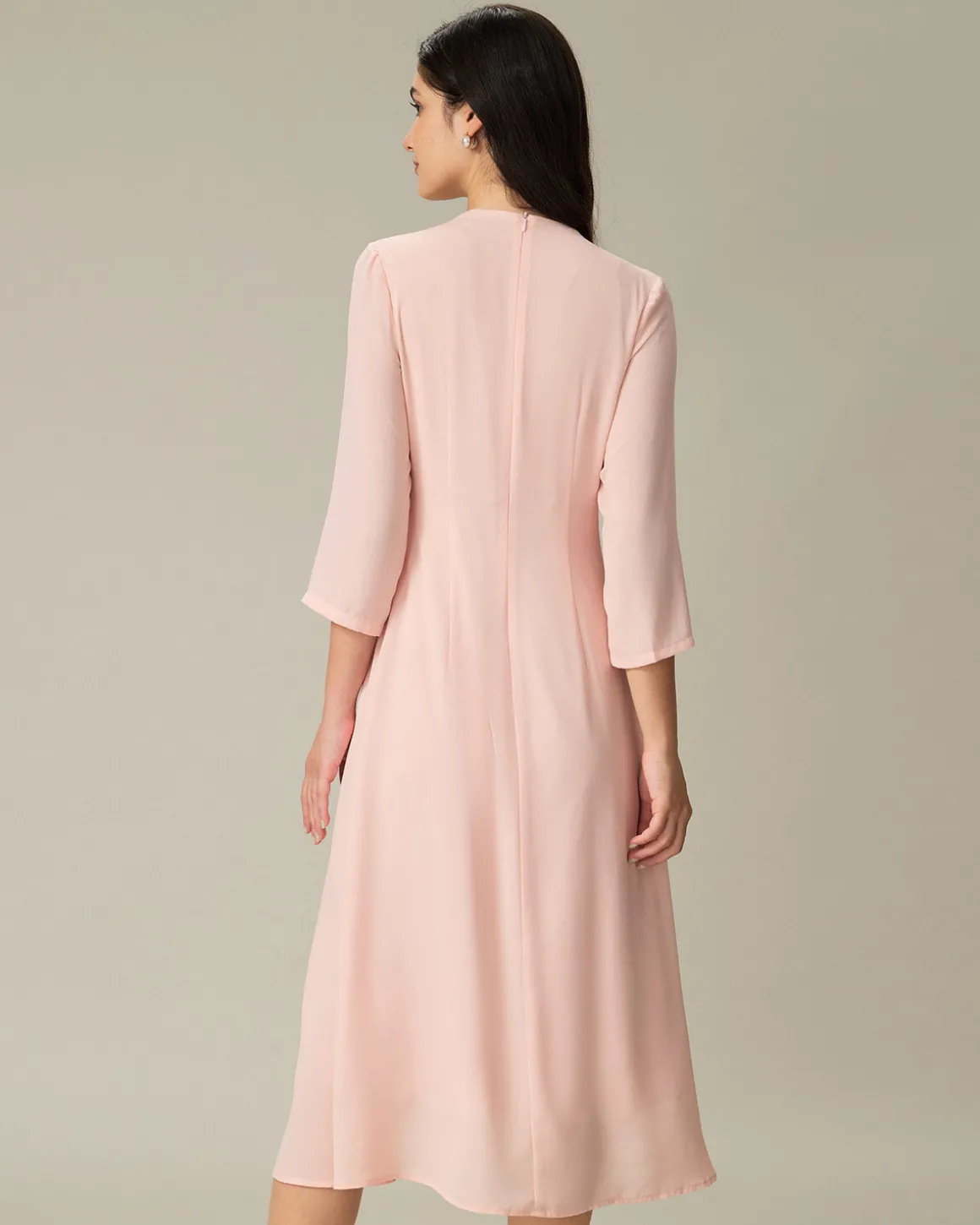 Pink V-Neck Pleated Midi Dress