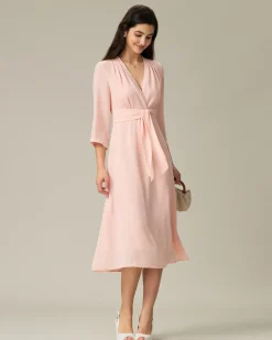Pink V-Neck Pleated Midi Dress