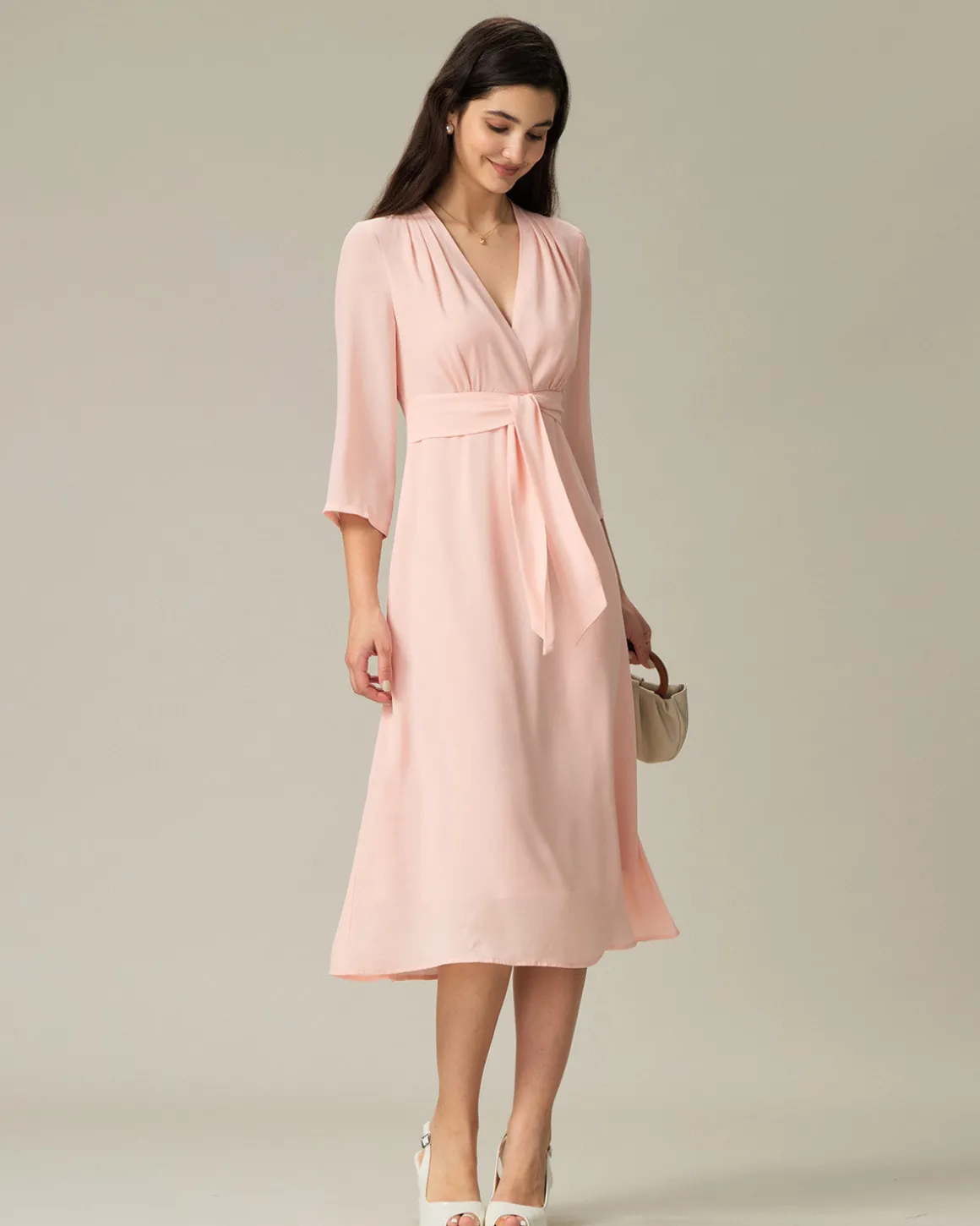 Pink V-Neck Pleated Midi Dress