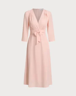 Pink V-Neck Pleated Midi Dress