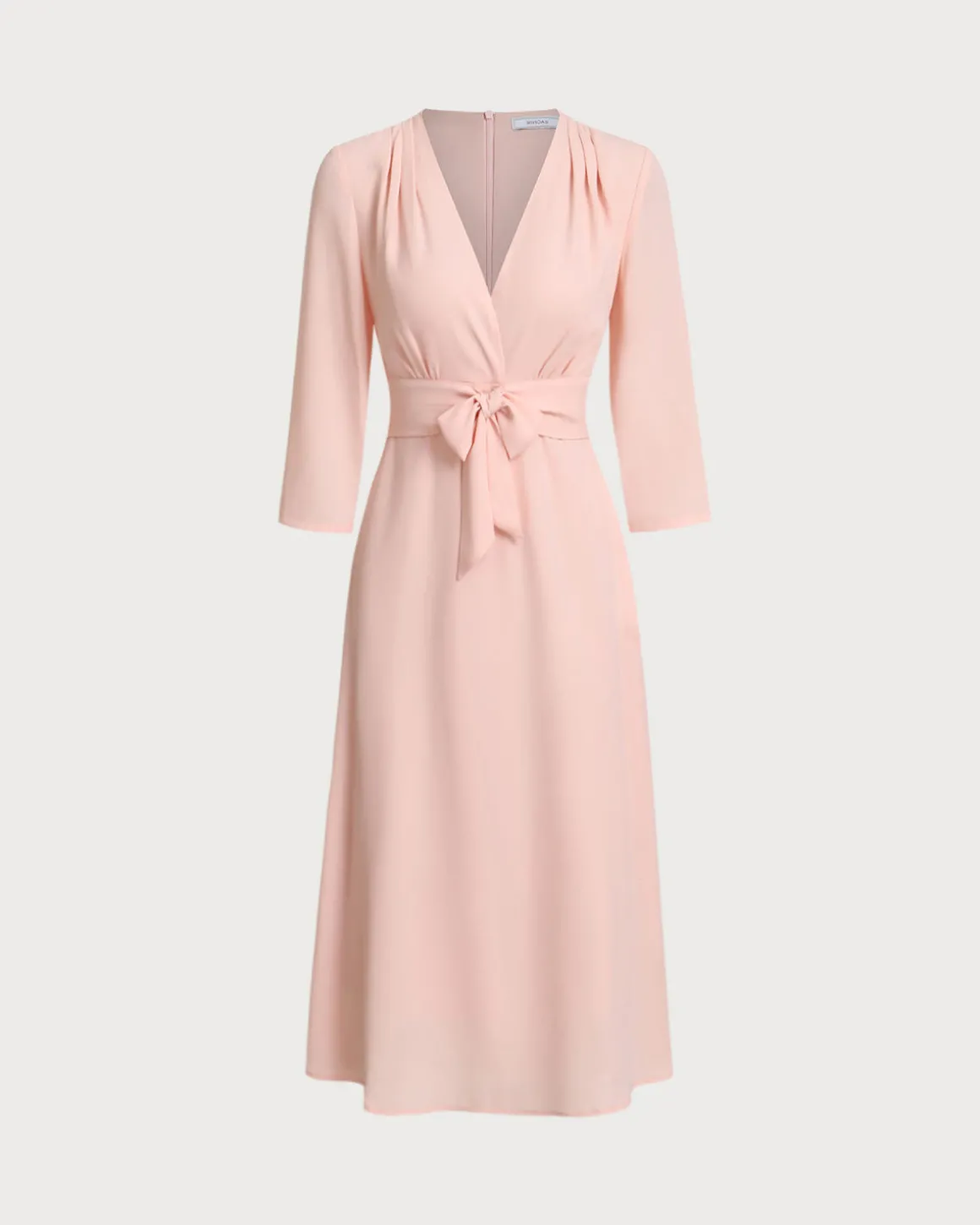 Pink V-Neck Pleated Midi Dress