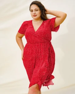 Plus Size Red V Neck Polka Dot Midi Dress