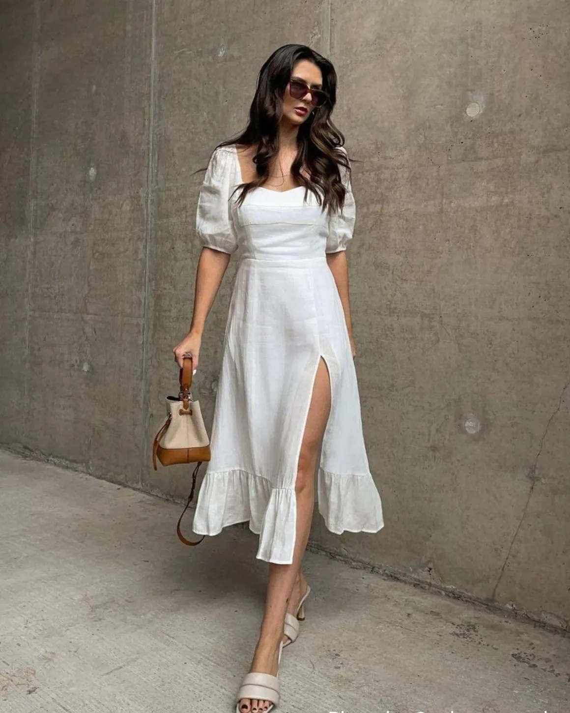 Puff Sleeve Split Hem Midi Dress