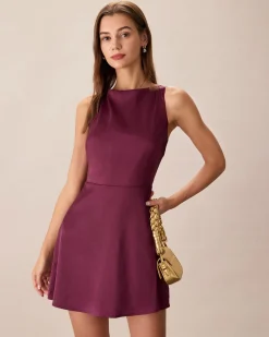 Purple Boat Neck Sleeveless Mini Dress