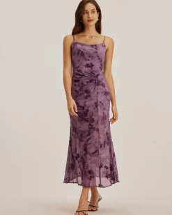 Purple Floral Bodycon Slip Midi Dress