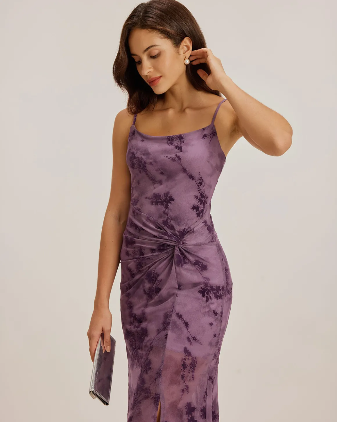 Purple Floral Bodycon Slip Midi Dress