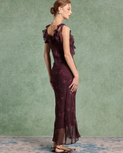 Purple Floral Ruffle Slip Maxi Dress
