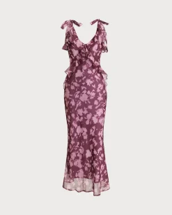 Purple Floral Ruffle Tie Strap Maxi Dress