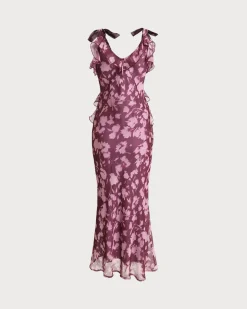 Purple Floral Ruffle Tie Strap Maxi Dress