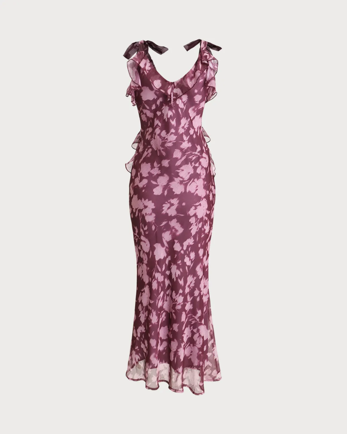 Purple Floral Ruffle Tie Strap Maxi Dress