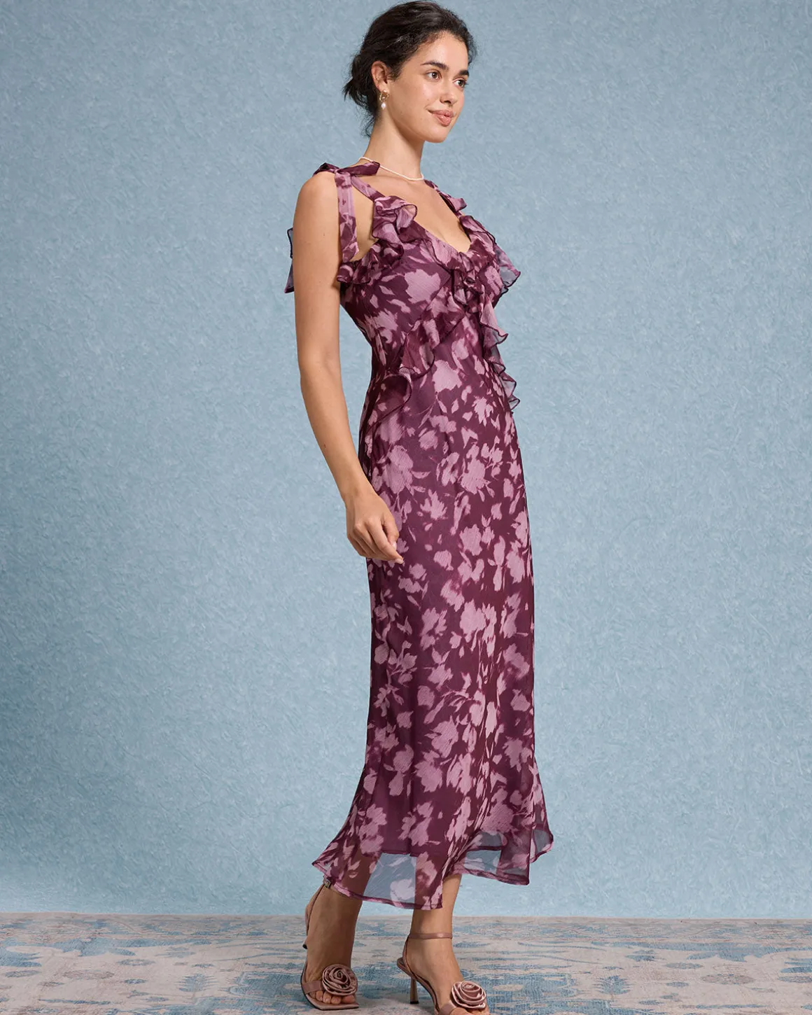 Purple Floral Ruffle Tie Strap Maxi Dress