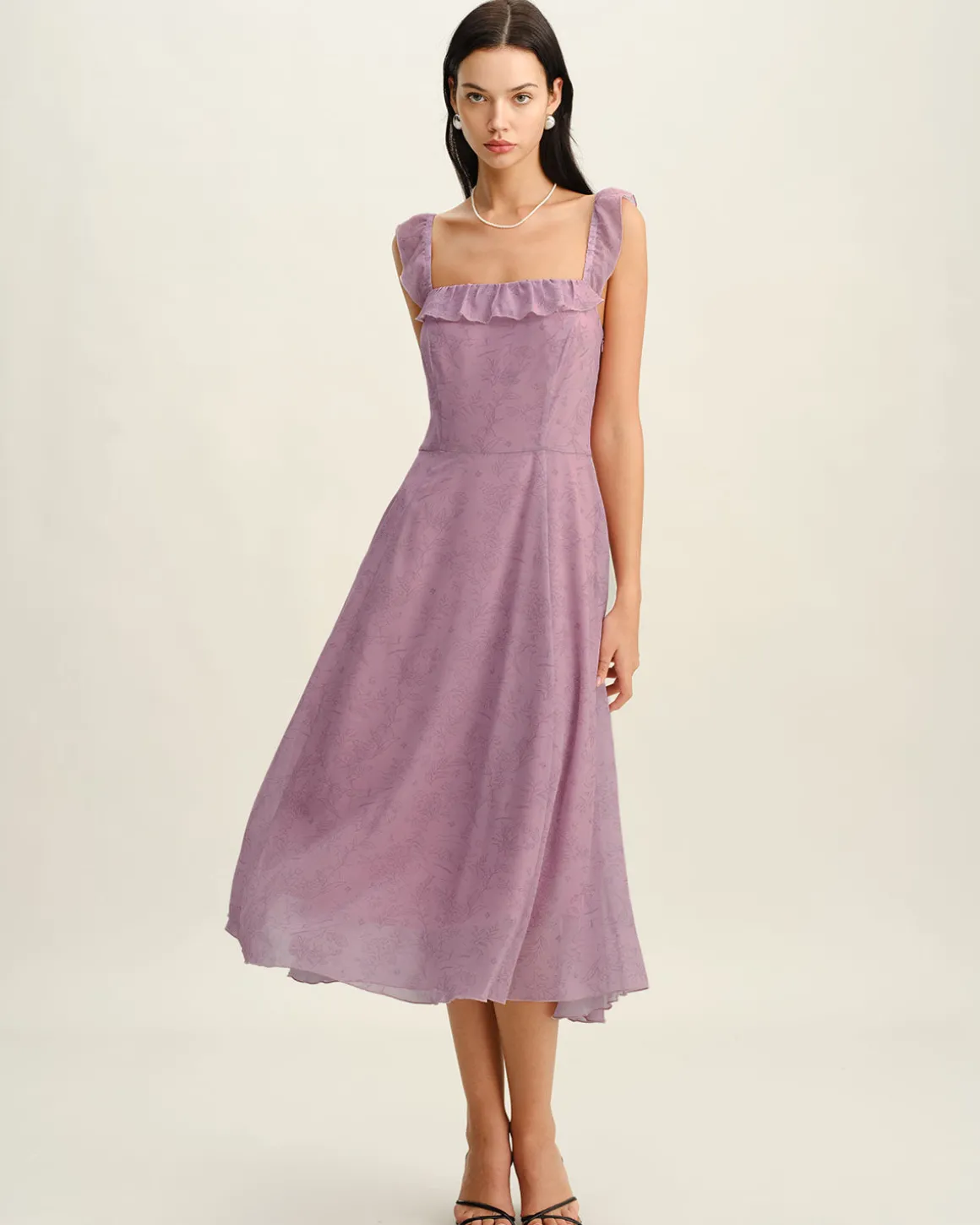 Purple Floral Square Neck Ruffle Slip Midi Dress
