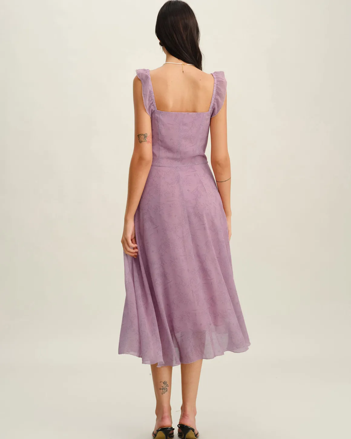 Purple Floral Square Neck Ruffle Slip Midi Dress