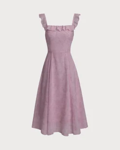 Purple Floral Square Neck Ruffle Slip Midi Dress