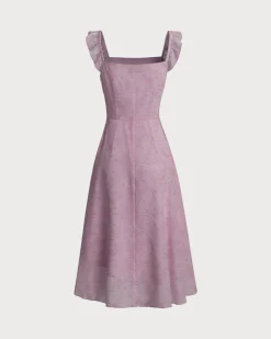 Purple Floral Square Neck Ruffle Slip Midi Dress