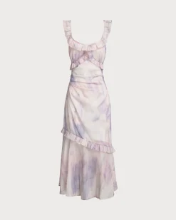 Purple Floral U Neck Ruffle Midi Dress
